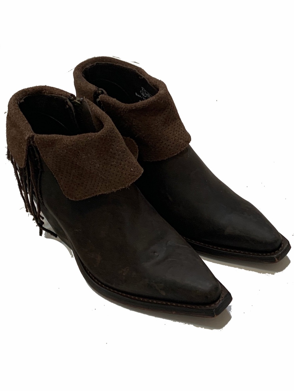 Reva By Justin Boots Dark Brown Leather Pointed Ankle Cowboy Boots with Fringe